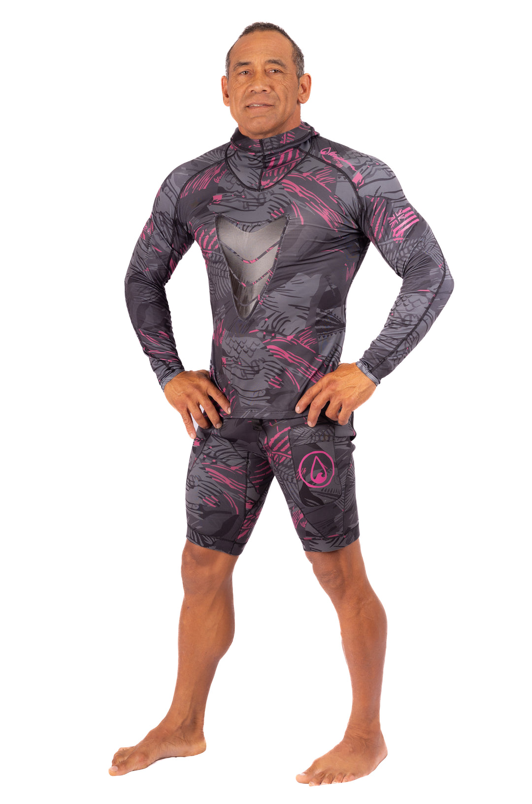 Rashguard de pêche sous-marine à capuche rose en arête de poisson